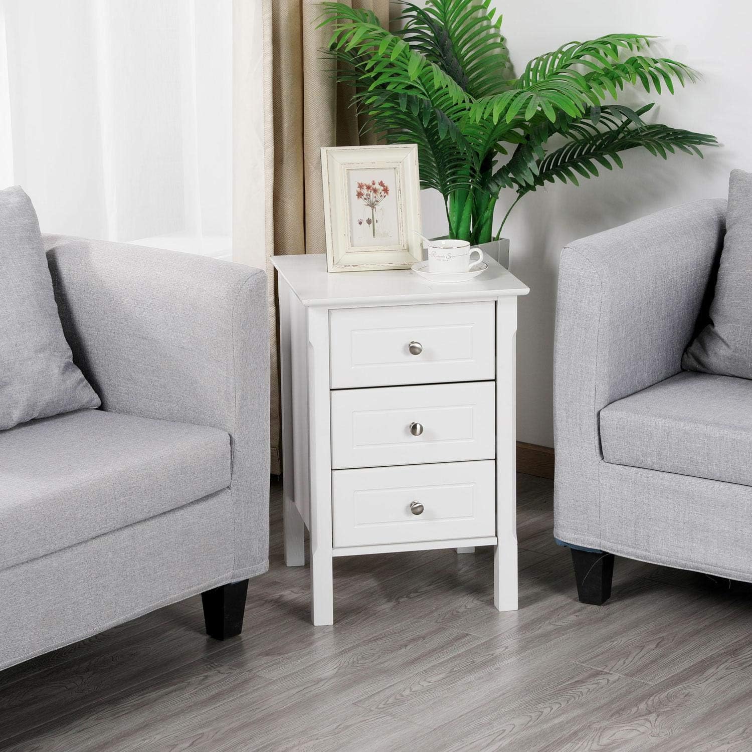 YAHEETECH White Wood Nightstand 3 Drawers Bedside Table Cabinet with Solid Wood Legs Bedroom Furniture: Furniture & Decor