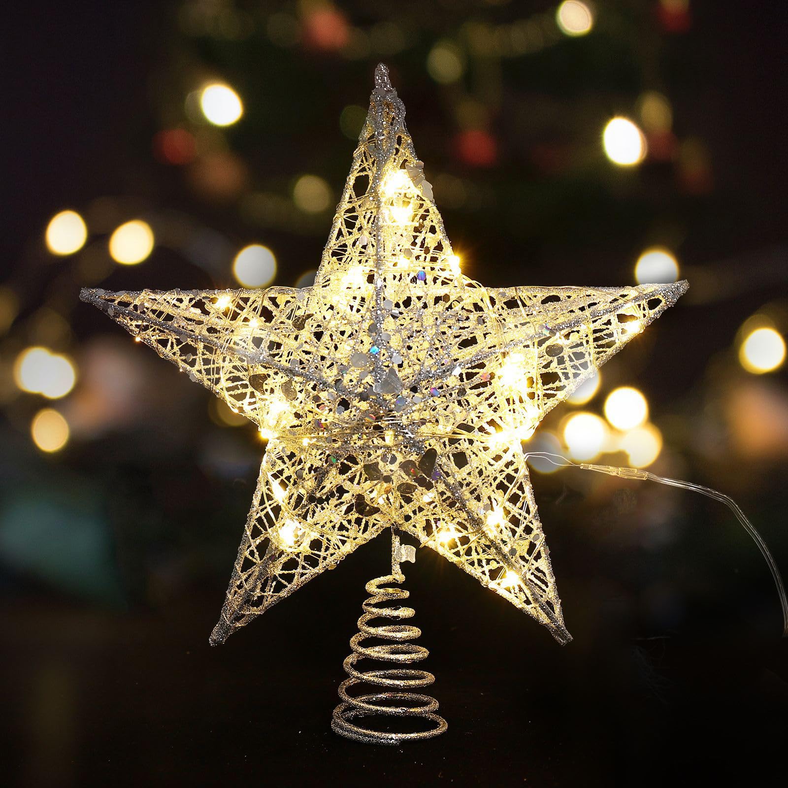 Lighted Christmas Tree Topper, 6.69 Inch Gold Christmas Tree Star with Warm White Fairy LED Lights, Glittered Hollow Tree Topper Star for Home Christmas Tree Decorations (Silver)