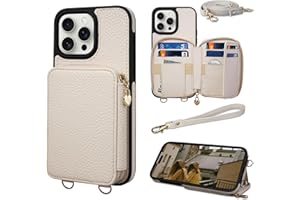 Keallce Case for iPhone 16 Pro 6.3'' Case Wallet, Crossbody Zipper Purse with RFID Blocking Card Slots Kickstand, Detachable Lanyard & Handstrap Flip Leather iPhone Cover for iPhone 16 Pro, White