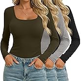 Ficerd 3 Pack Square Neck Tops for Women Long Sleeve Going Out Slim Fit Shirts Basic Tees 2026 Winter Y2k Clothes