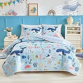 Joyreap 2 Pieces Twin Size Cotton Quilt Set, World of The Sea Theme Ocean Blue Design, Cozy Lightweight Bedding Set Quilt Bedspread Bed Cover for for Kids Boys n Girls- 68x86 inches