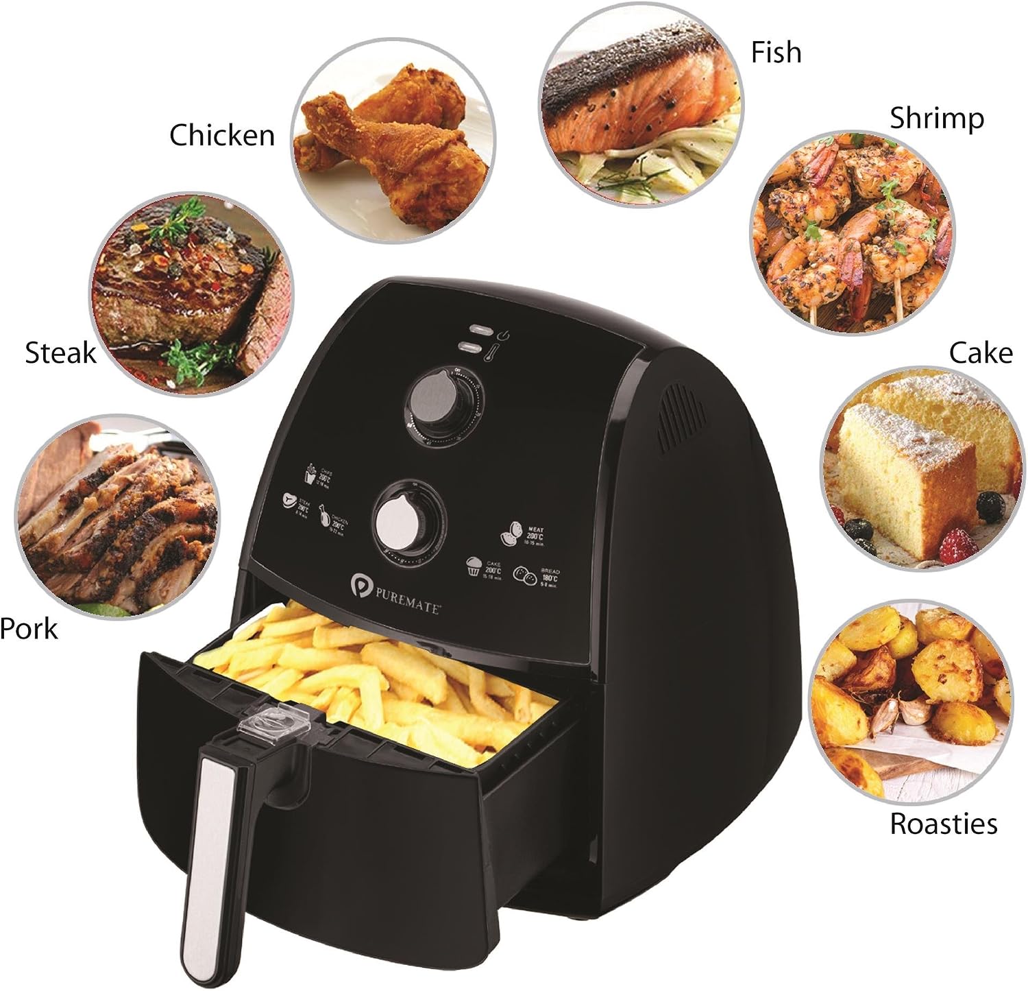 PureMate Air Fryer with Digital Display & Recipes Book, 5.5L Healthy Oil Free 1700W Air Fryer with 7 Preset - Image 3