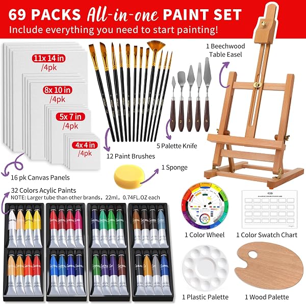 ARTALLY ACRYLIC PAINT SET FOR ADULTS & KIDS, 69 PCS CANVAS PAINTING KITS, 32 COLORS ACRYLIC PAINT (22ML),TABLE EASEL,BRUSHES,CANVAS, ART PAINTING SUPPLIES KIT FOR STUDENTS,ARTISTS,BEGINNERS