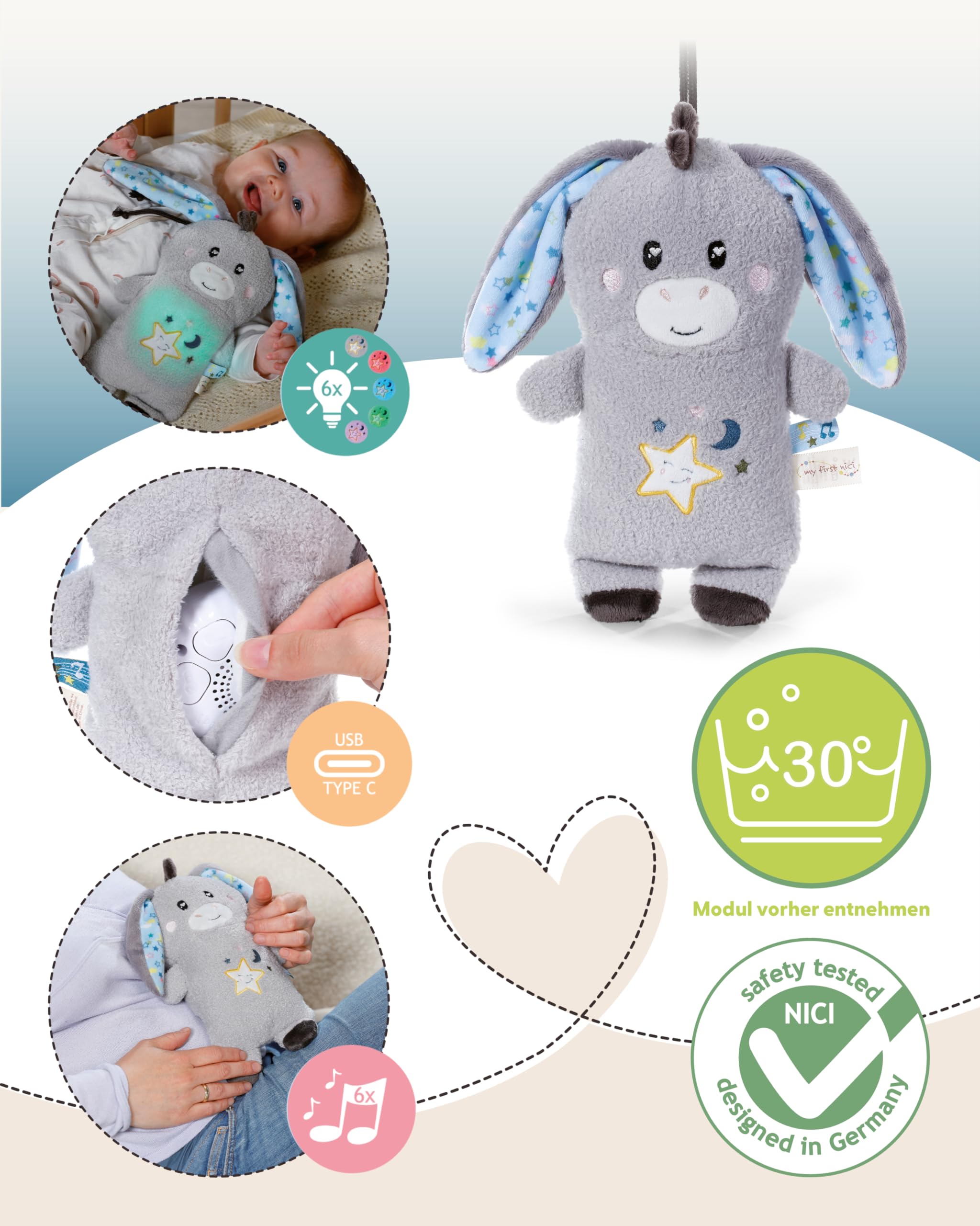 NICI Baby Einschlafhilfe Kuscheltier Esel Littledoo 25cm multifunktional in Geschenkbox - grau - Plüschtier für Babys und Kleinkinder zum Greifen, Knuddeln, Entdecken und Einschlafen - 61614 3