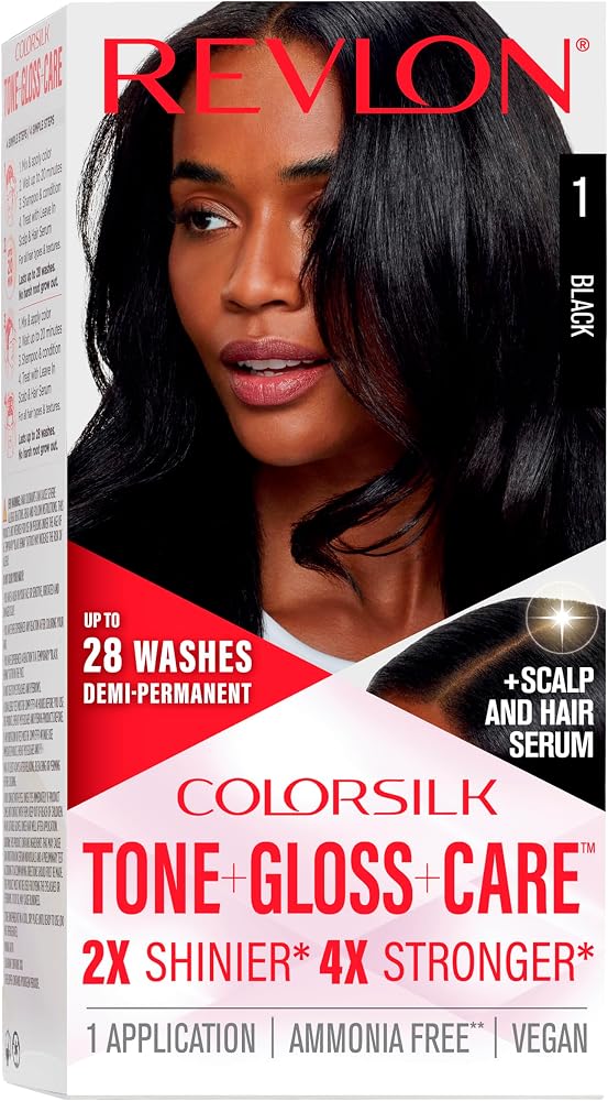 Revlon ColorSilk Tone + Gloss + Care Demi-Permanent Hair Color, 1 Black | Demi-permanent hair color with leave-in scalp and h
