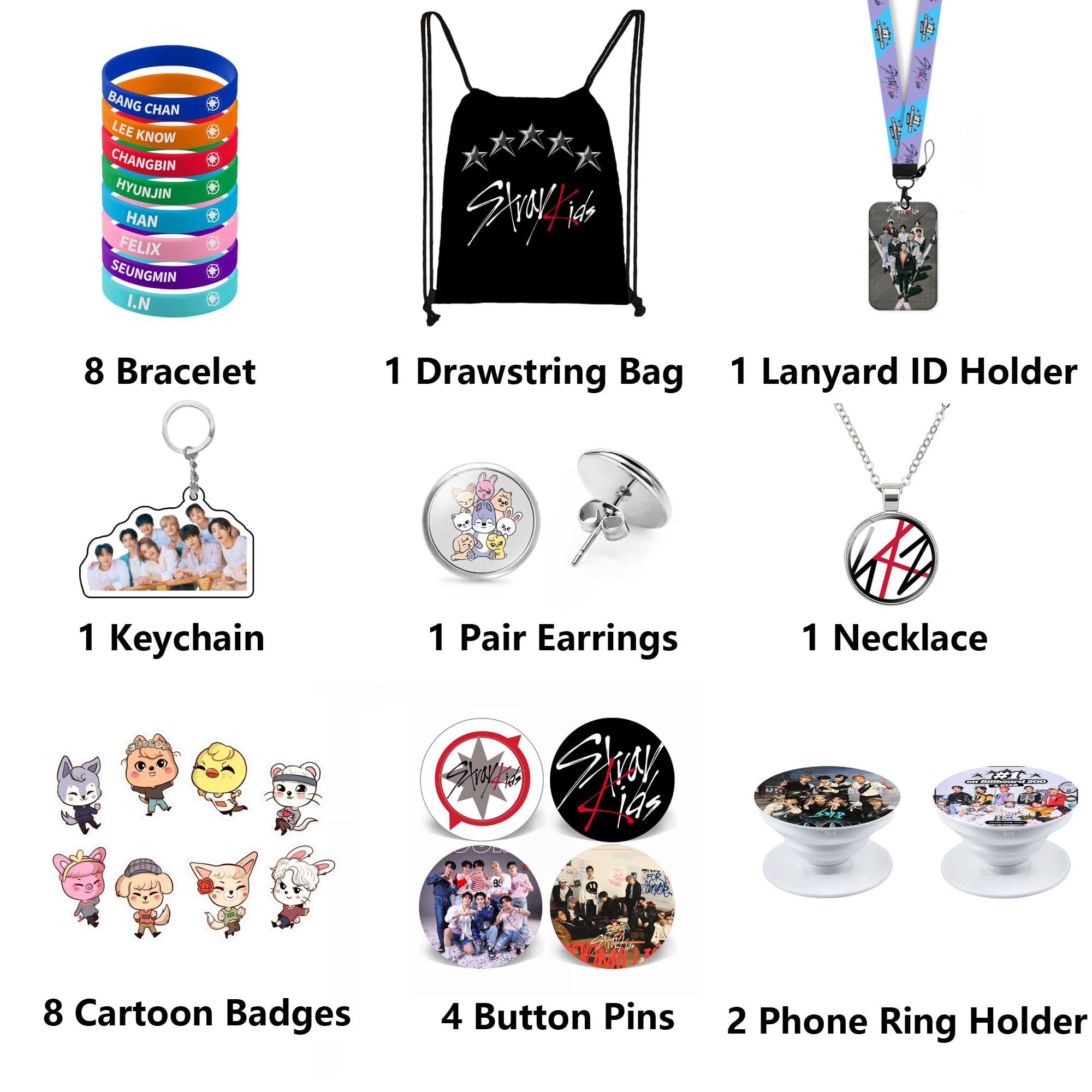 eTel Like Stray Kids Gifts Set, Including Drawstring Bag Backpack, Necklace, Earrings, Bracelets, Button Pins, Lanyard ID Holder, Keychain, Phone Ring Holder, Cartoon Badge