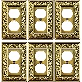 TREEWELL 6-Pack Duplex Outlet Cover Plate, Paisley Pattern Antique Brass Metal Wall Plates for Electrical Outlets, 1 Gang Receptacle Cover Decorative Switch Plates and Outlet Covers