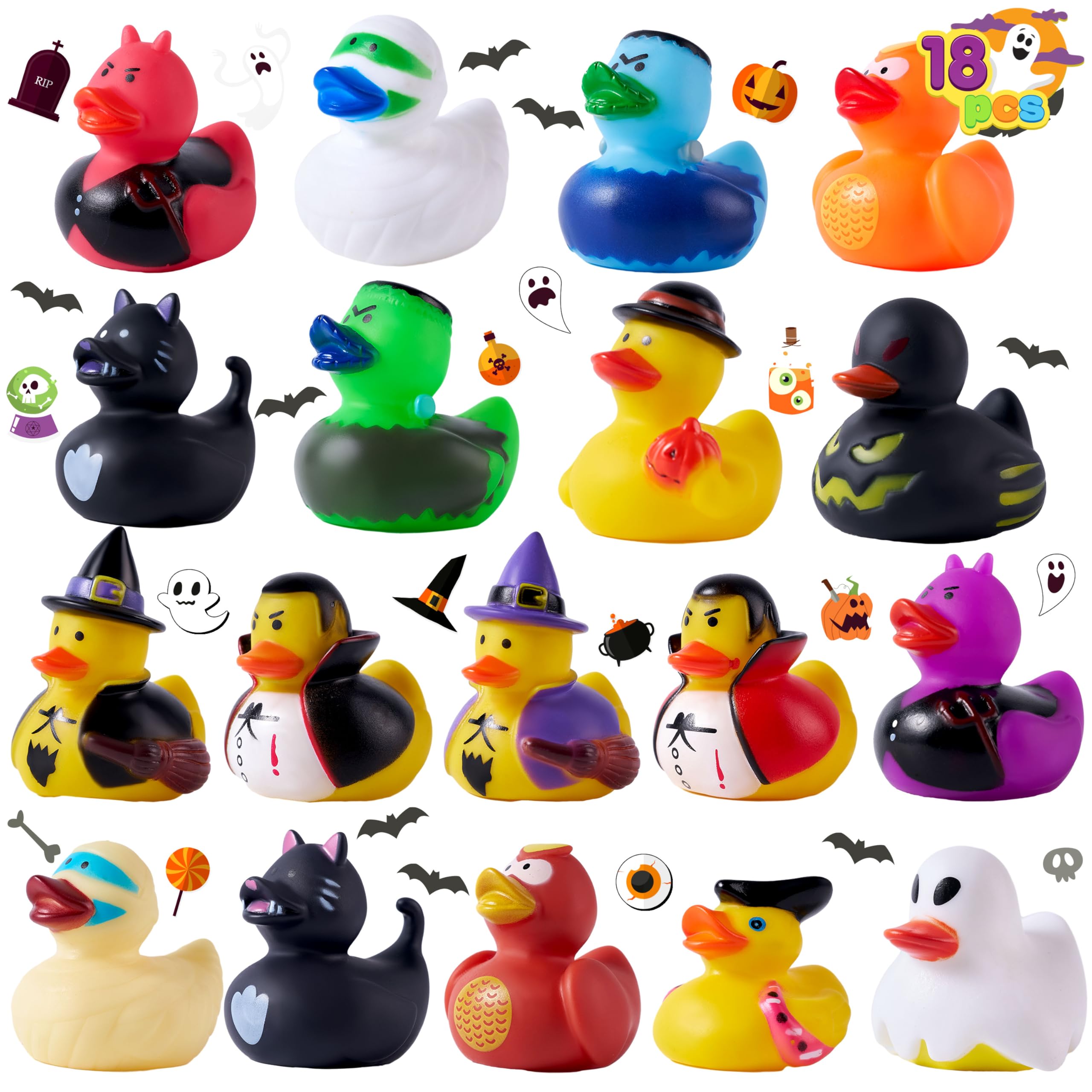 JOYIN 18 Halloween Fancy Novelty Assorted Rubber Ducks for Fun Bath Squirt Squeaker Duckies, School Classroom Present Toy Prizes Ducky, Trick or Treat Fillers Party Favor.