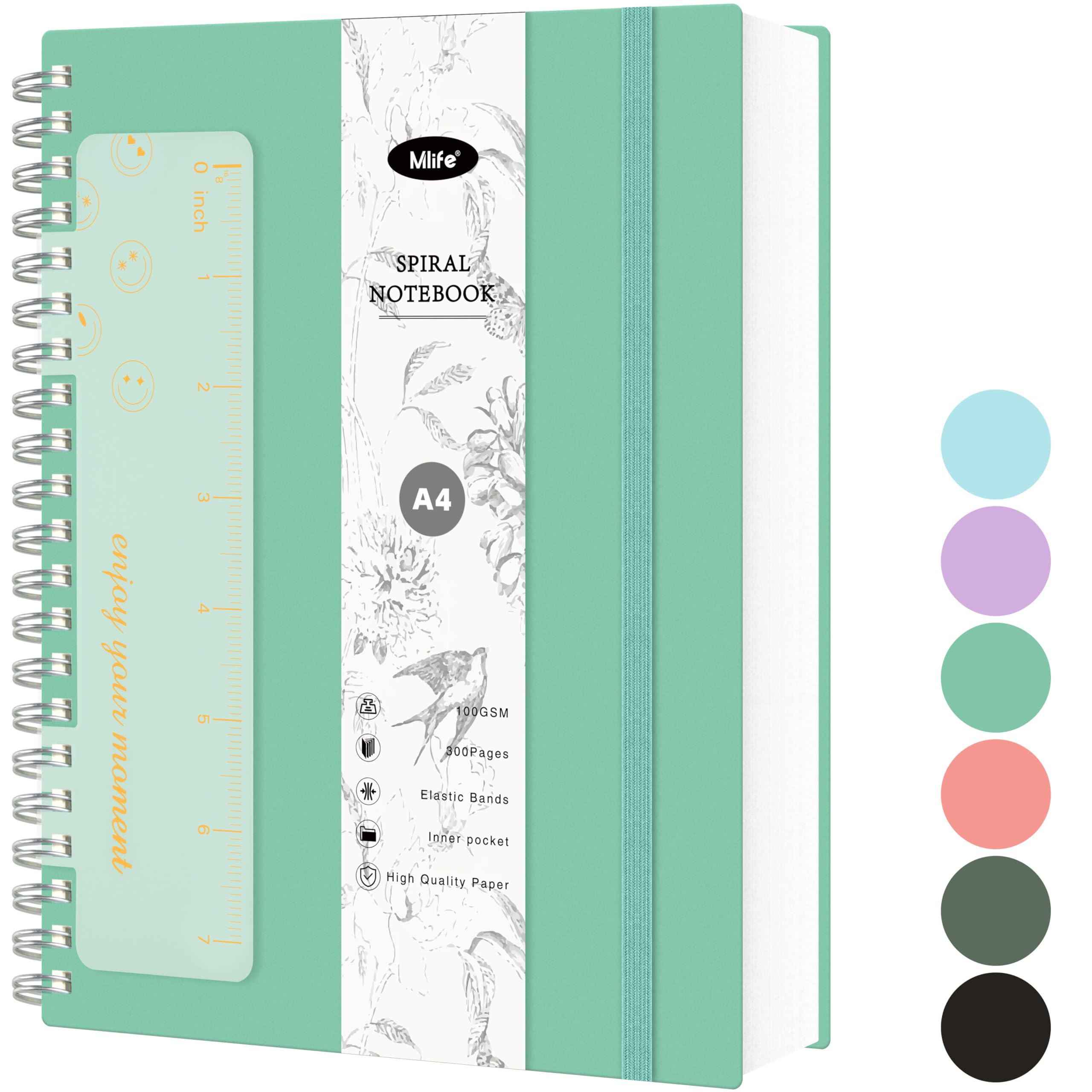 Mlife Notebook A4 Dotted,Bullet Dot Journal,300pages Spiral Notebook,100g/M² Ink-Resistant Paper,PVC hardcover，with Ruler,Expandable Pockets,Elasticated Ribbon,21x 28cm(Orchid Green)
