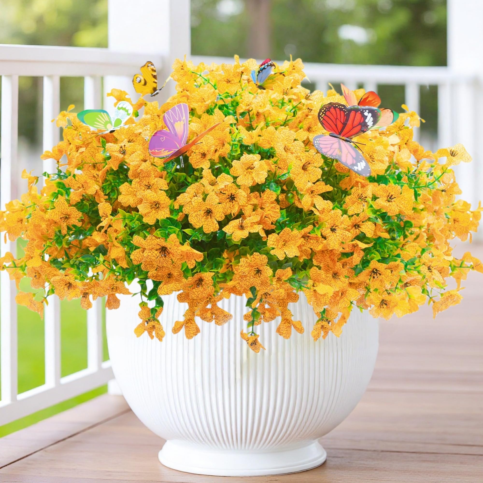 Photo 1 of CogDat 20 Bundles Artificial Flowers for Outdoors? with 6 Faux Butterflies, UV Resistant and No Fade, ?Fake Flowers for Garden Patio Porch Home Decor (Yellow)