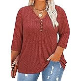 Koscacy Women Plus Size V Neck 3/4 Roll Sleeve Sweater Casual Knit Tops Solid Color Blouses