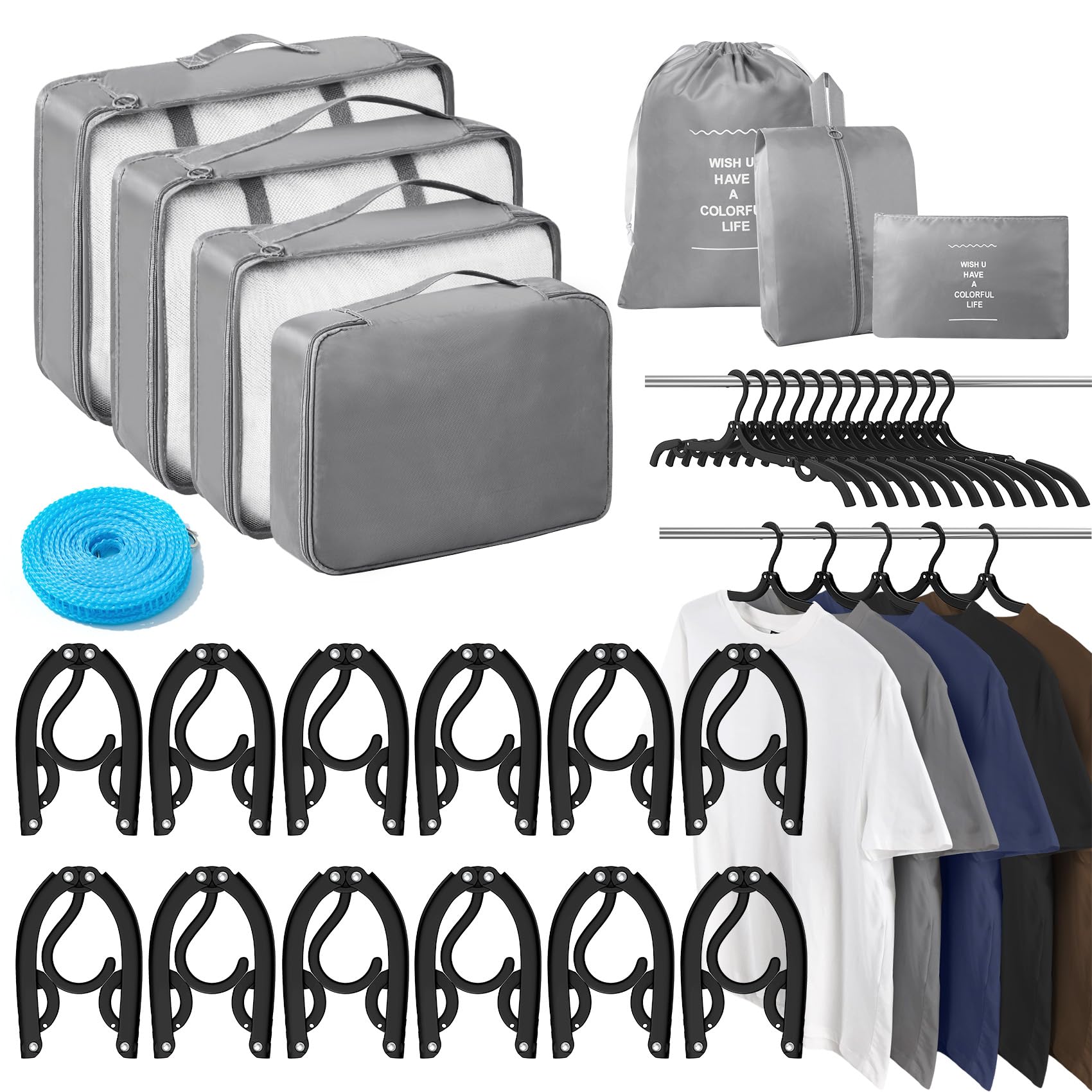 Photo 1 of 12 Pcs Travel Hangers Set Portable Foldable Hanger Organizer with 7 Compression Packing Cubes and Clothesline, Plastic Cruise Ship Essentials Clothes Hangers for Traveling Camping Flying RV Suitcase