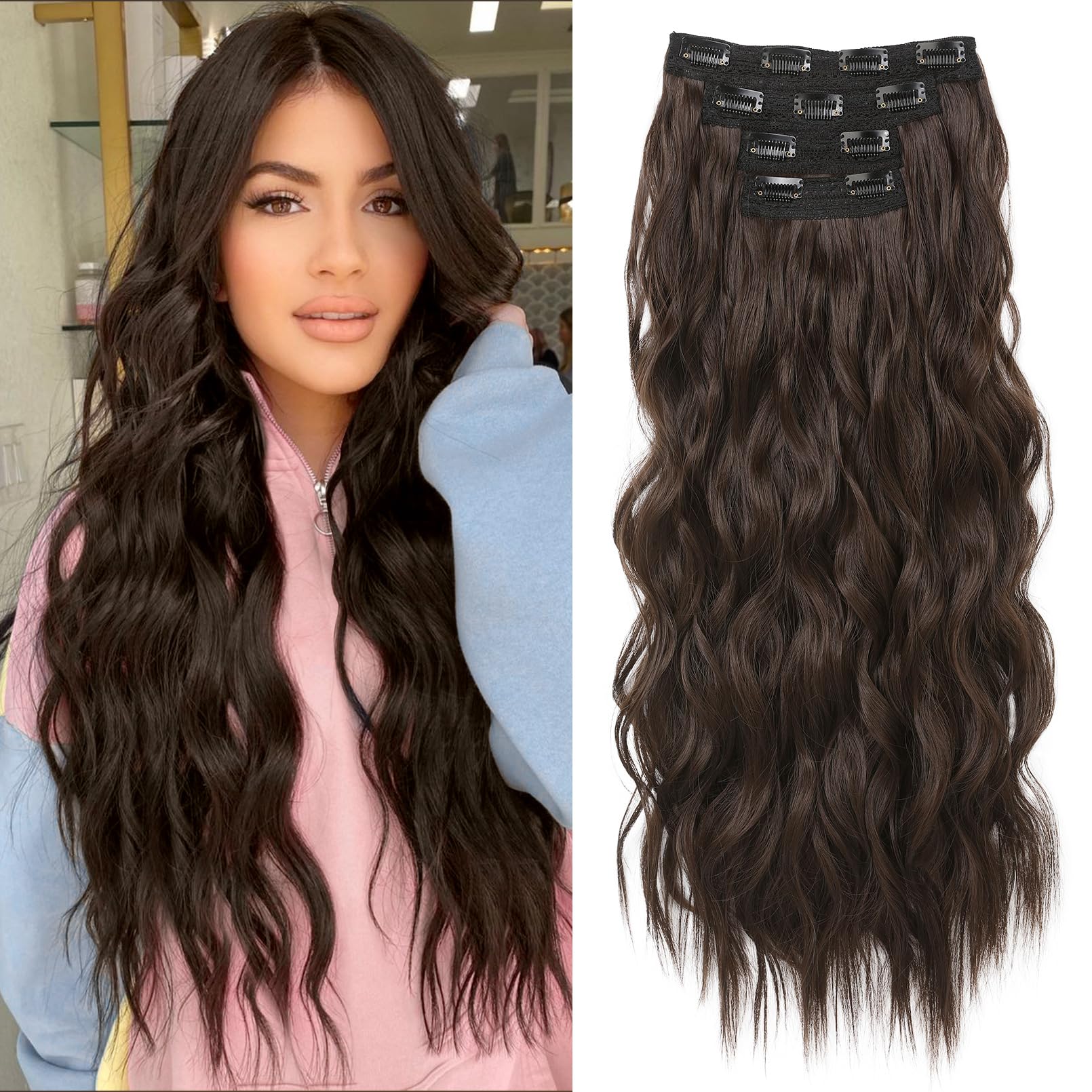 Photo 1 of REECHO Clip in Hair Extensions, 4PCS Blonde Hair Extensions 24" Thick Long Beach Waves hair extensions HE003 Invisible Lace Weft Natural Soft Hairpieces for Women – Chocolate Brown