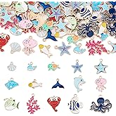 Magibeads 60Pcs Ocean Fish Enamel Charms Alloy Turtle Starfish Jellyfish Crayfish Dolphin Whale Shell Fishtail Octopus Sea Beach Charms for Summer Crafts DIY Keychain Jewelry Making Supplies Blue