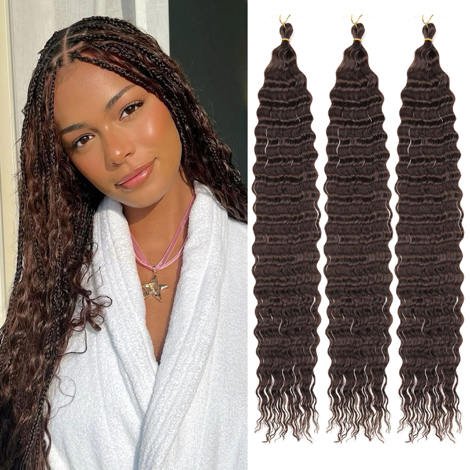 Samtress Long Ocean Wave Crochet Hair 30 Inch Curly Braiding Hair Synthetic 3 Packs Deep Wave Crochet Hair Dark Brown Water Wave Bohemian Twist Crochet Braid Hair Extensions (#4) — image 1