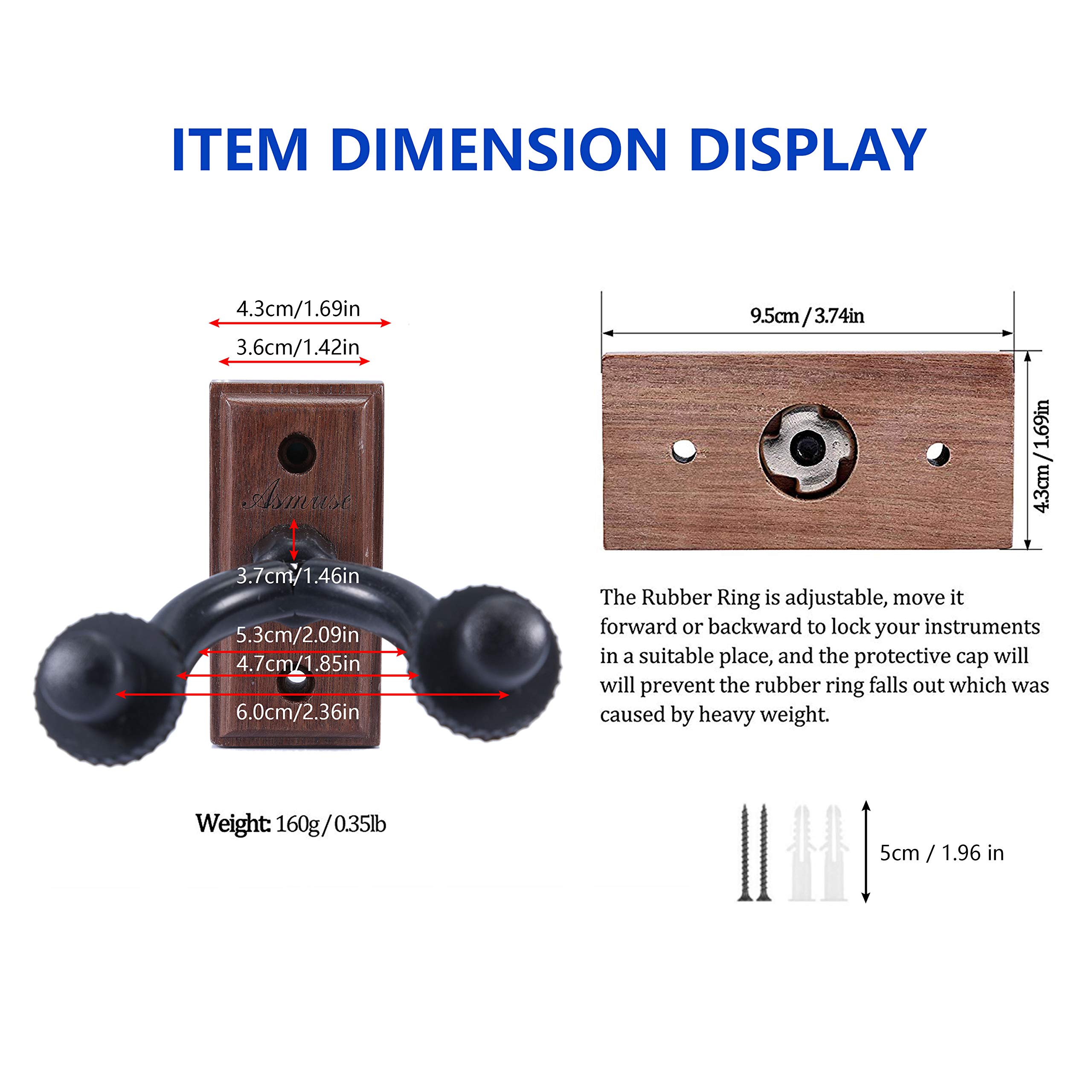 Asmuse™ Supporto Gancio Montaggio a parete Ganci Appendi Chitarra per Chitarra Elettrica/Basso / Elettrico/Ukulele / Violino (Noce Nera, 2 Pacco)