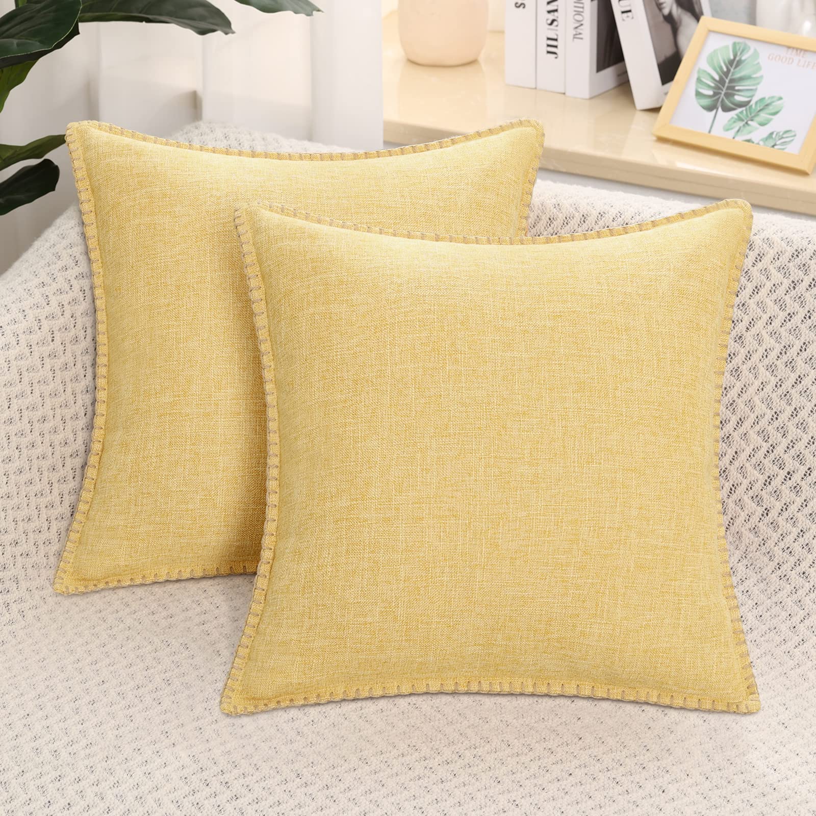 decorUhome Set of 2 Linen Cushion Covers 65X65cm,Decorative Outdoor Plain Vintage Cushion Covers with Stitched Edges, large Square Farmhouse Neutral Pillow case 26x26 Inch for Sofa,Mustard Yellow