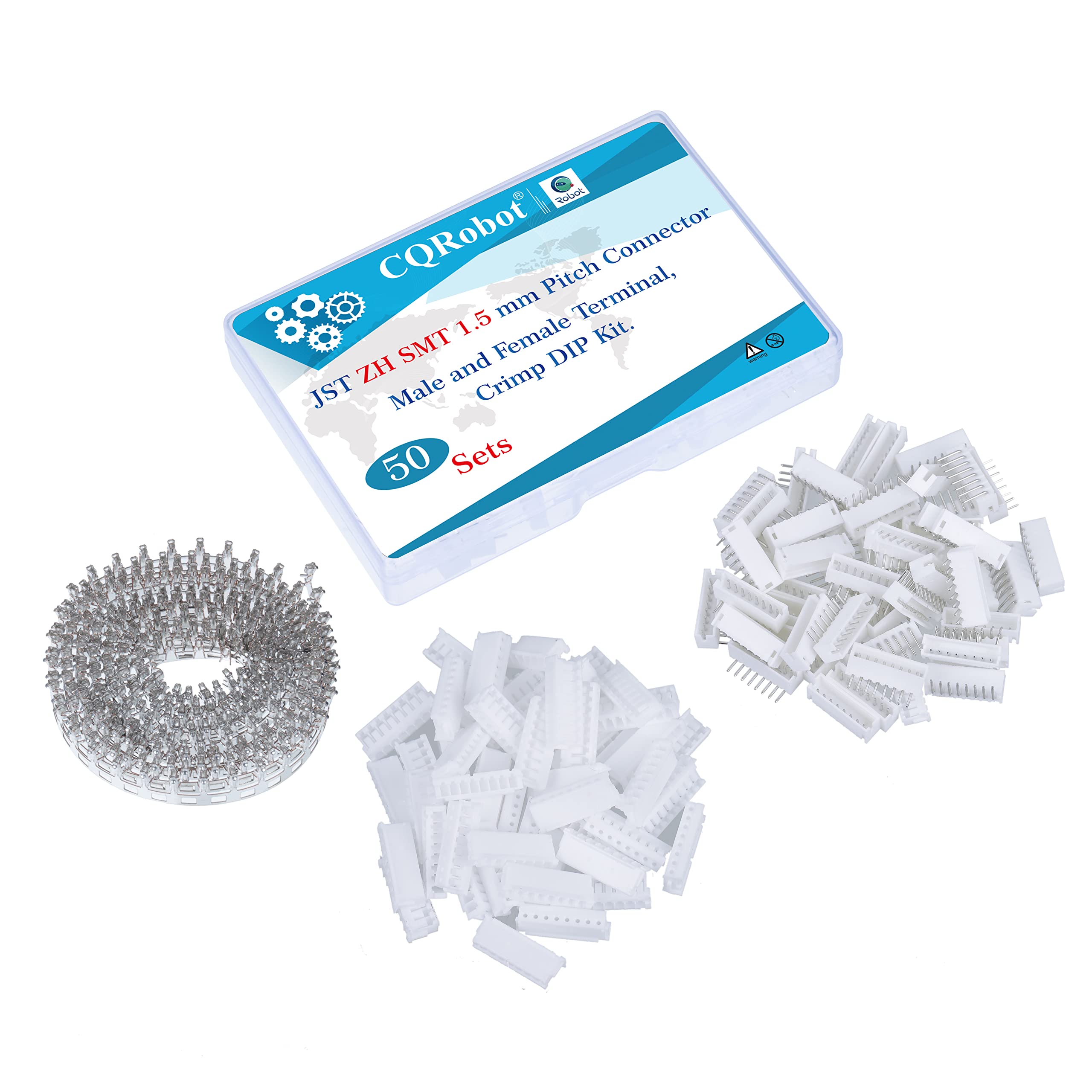 CQRobot JST ZH SMD 1.5 mm Pitch 8-Pin Electronic Computer Connector IC Male Plugs, Female Sockets Housing and T-Shaped Crimp Terminal Kit. 50 Sets/500 Pieces Wire-to-Board Adapter Cable Assembly.