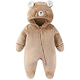 JiAmy Baby Fleece Snowsuit Cute Bear Romper Newborn Winter Jumpsuit Hooded Warm Coat with Fold-over Mittens Footies