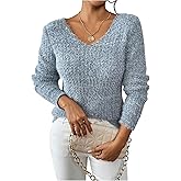 MakeMeChic Women's V Neck Sweater Long Sleeve Knitted Lightweight Pullover Tops