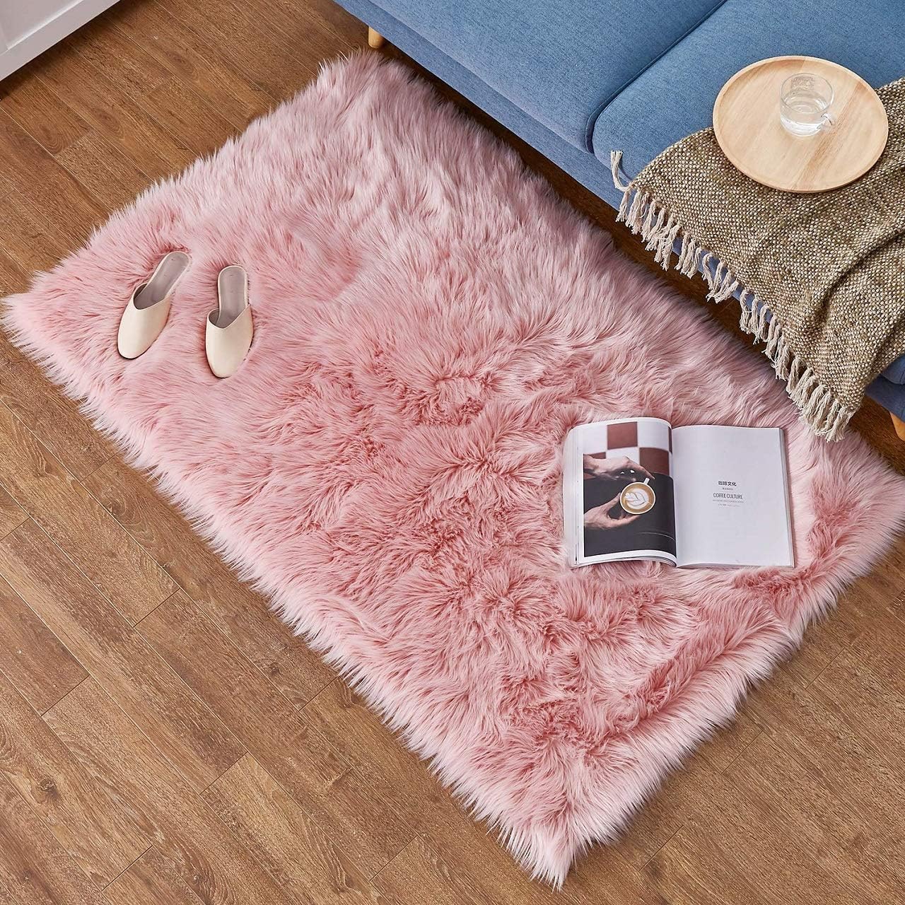 DAOXU Faux Sheepskin Rugs,Shaggy Rugs, Chair Cover Seat Pad Soft Fluffy Rug For Living Bedroom Sofa Floor Kids Rooms Decor Small Bedroom Rug (Rectangle-75x120cm, Pink)