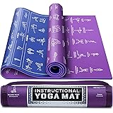 Instructional Yoga Mat with Poses Printed On It & Carrying Strap - 75 Illustrated Yoga Poses & 75 Stretches - Cute Yoga Mat F