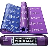 Instructional Yoga Mat with Poses Printed On It & Carrying Strap - 75 Illustrated Yoga Poses & 75 Stretches - Cute Yoga Mat F