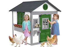 Outsunny Kids Outdoor Playhouse, Wooden Toddlers Large Pretend Play Equipment or Chicken Coop with Door, Windows, Planter Pot