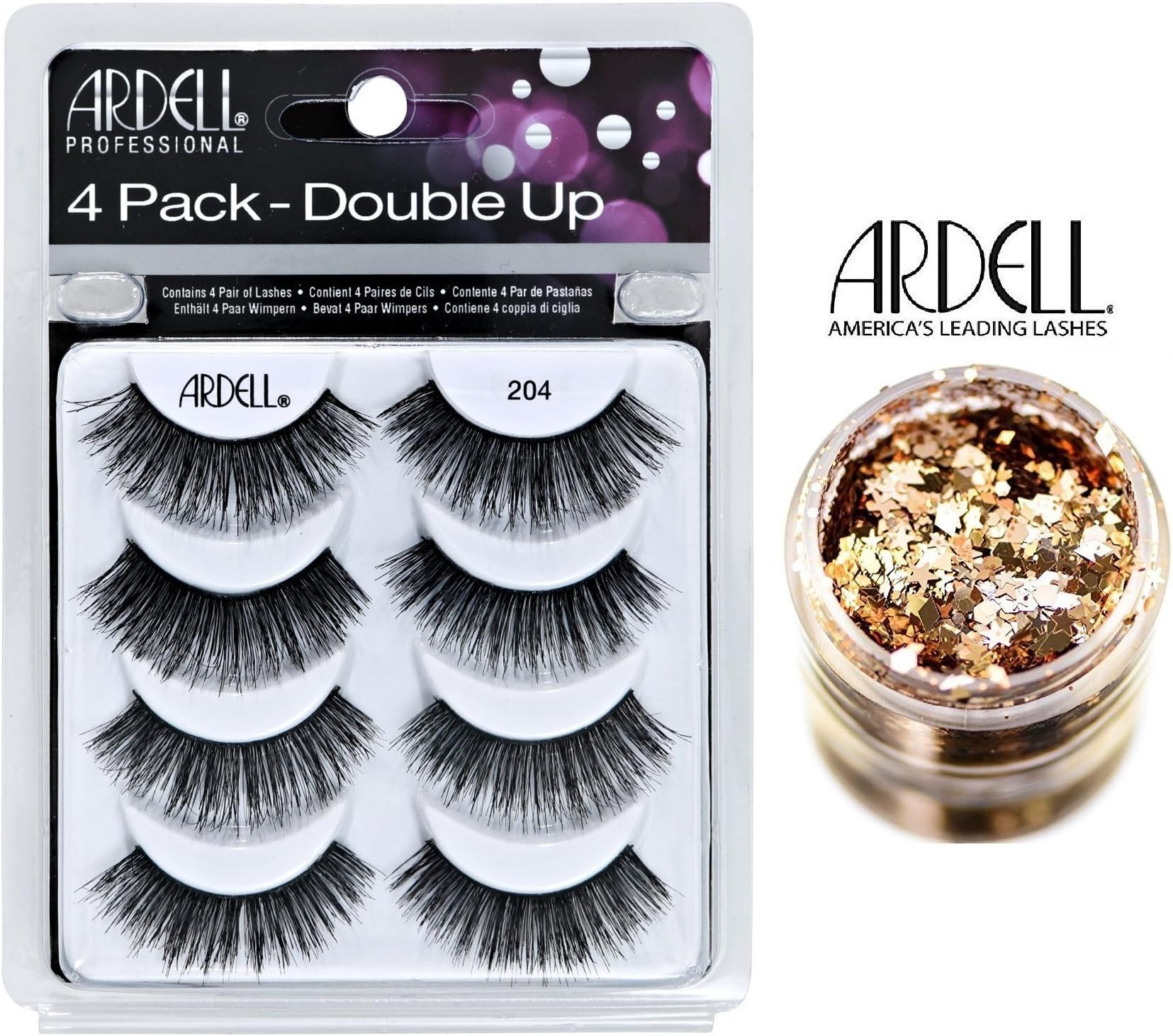 Ardell 4 Pack DOUBLE UP, 204 BLACK, Multipack Lashes, Contains 4 Pair of Eye Lashes (with bonus Skin/Hair GLITTER) (204 Black (Double Up))