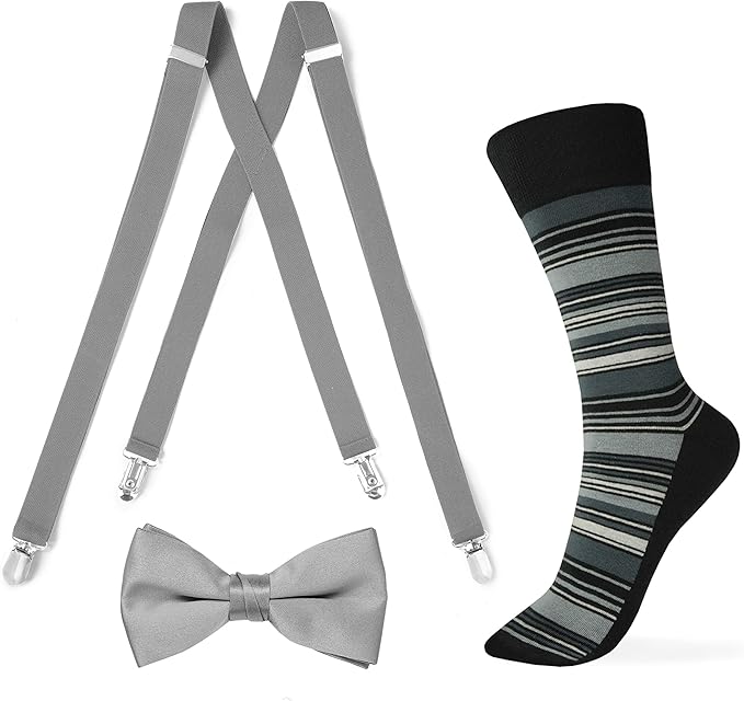 Silver Suspender and Bow tie with Striped Sock Set Clothing
