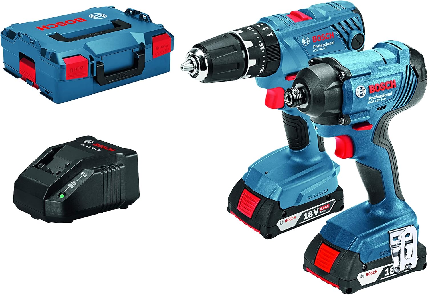 Bosch Professional 18V System Cordless Combo Kit: Combi Drill GSB 18V-21 + Impact Driver GDR 18V-160 (incl. 2x 2.0Ah GBA 18V batteries
