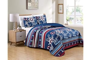 Kids Zone Home Linen Bedspread Set Navy Blue Red White Ships Rope Anchor Stripes New (Full/Queen)