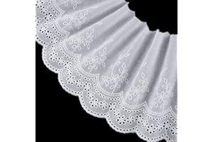 PAGOW 5 Yards Cotton Eyelet Lace Trim, White Cotton Floral Lace Trim, Embroidery Scalloped Laces for Sewing Dresses, Baby Clothes, Bag, Pets Clothes (7.87inch Wide)