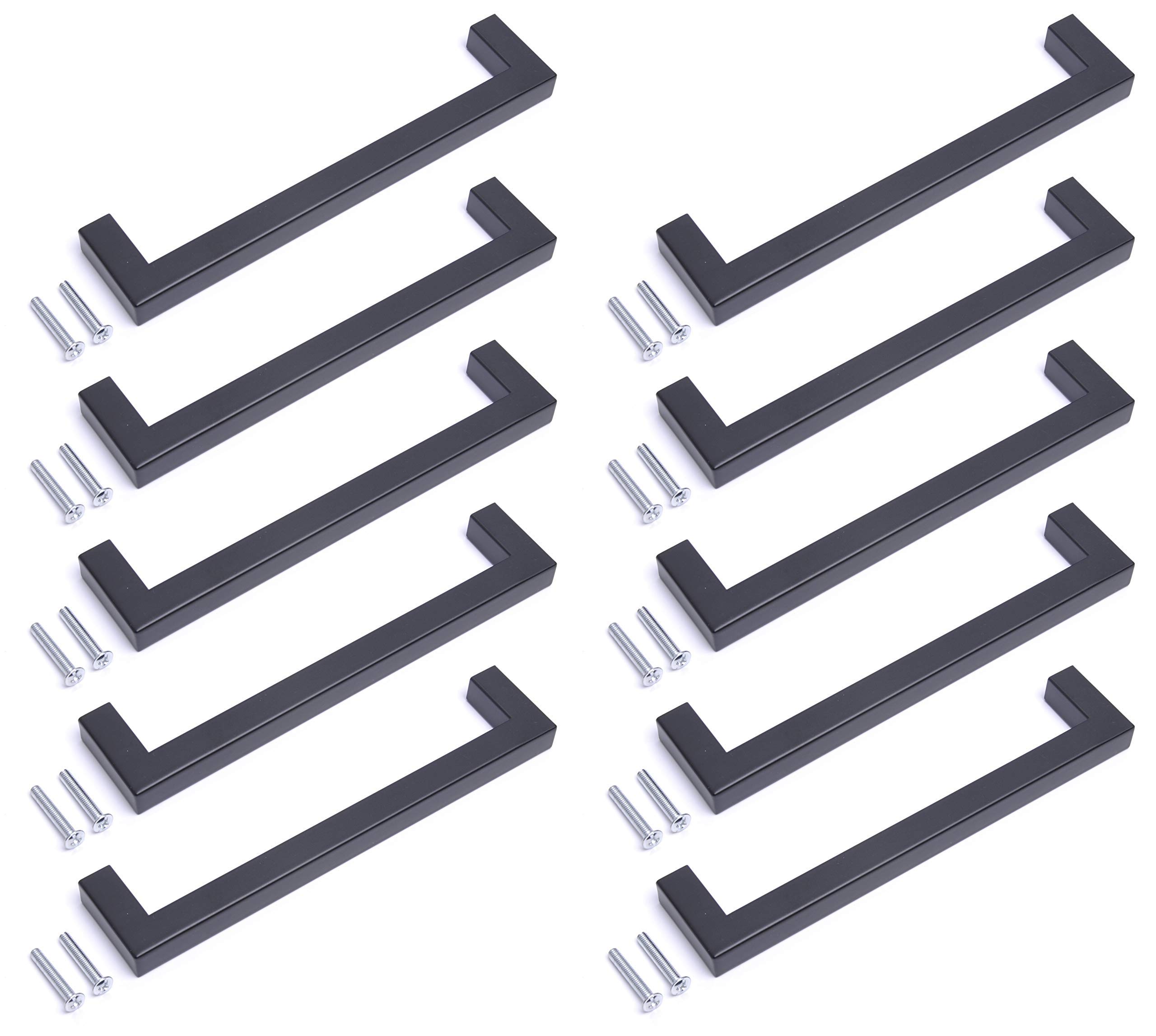 BSM Marketing 10 Pack Kitchen Door Handles 192mm Hole Centre Flat Black Cabinet Handles Stainless Steel Square Cupboard T Bar Handle (Screws Included)