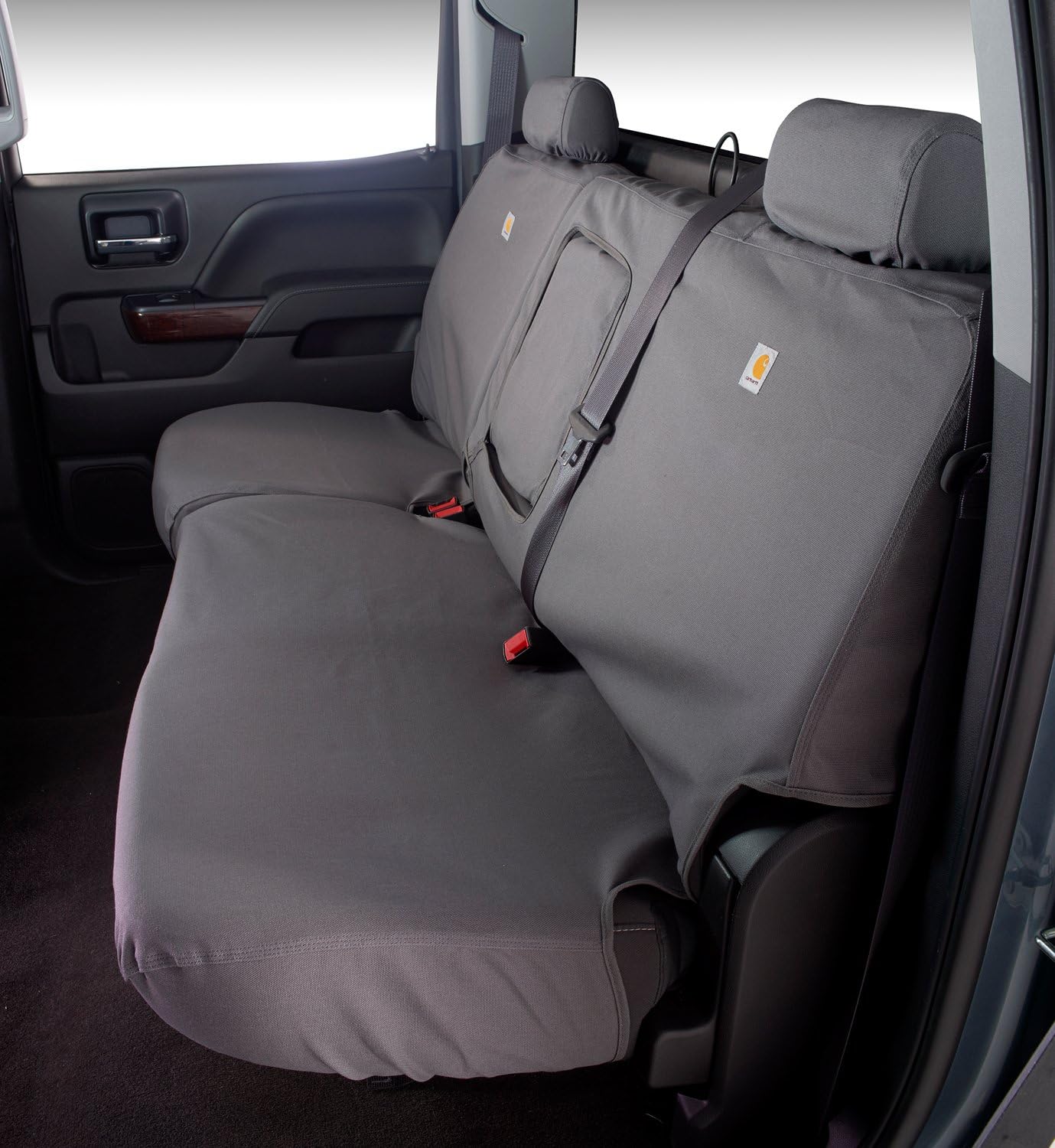 Covercraft Carhartt SeatSaver Custom Seat Covers | Fits 2012-2015 Toyota Tacoma Double Cab | 2nd Row 40/60 Bench Seat, Duck Weave Gravel