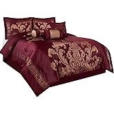 Chezmoi Collection 7-Piece Jacquard Floral Comforter Set (King, Maroon)