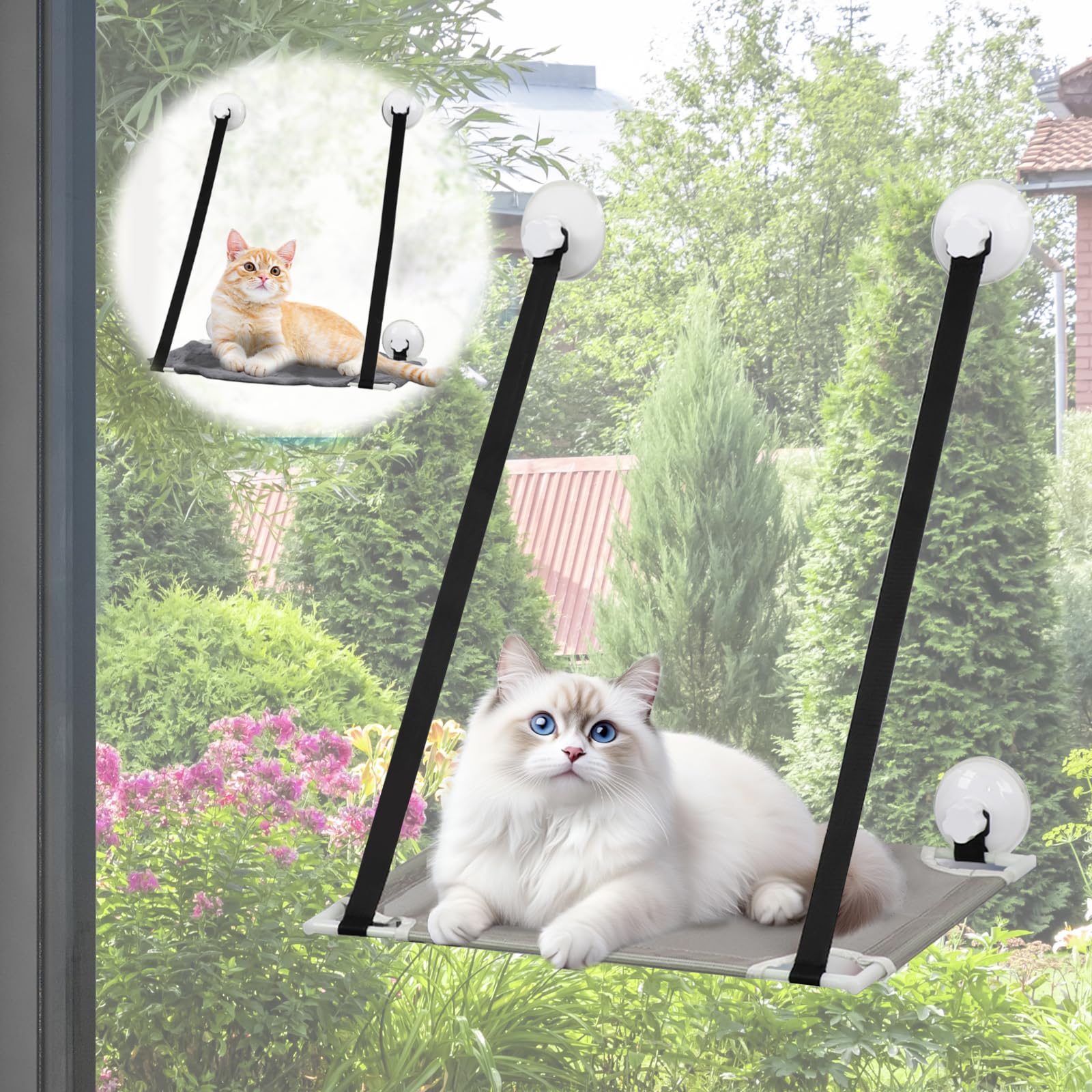 Cat Window Hammock, Window Mounted Basking Perch with 4 Upgraded Heavy-Duty Suction Cups, 22lbs Weight Capacity Cat Bed for Glass Windows, Space-Saving Sunny Lounge & All-Weather Sill Seat