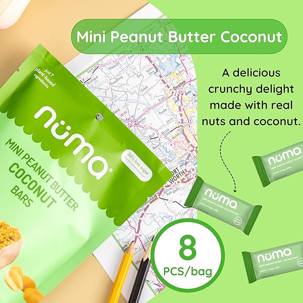 NUMA FOODS MINI COCONUT PEANUT BUTTER BARS – VEGAN, LOW SUGAR, HIGH PROTEIN, ALL NATURAL, GLUTEN FREE – CRUNCHY PLANT BASED PEANUT BUTTER SNACKS – 3 BAGS WITH 8 INDIVIDUALLY WRAPPED PROTEIN BARS
