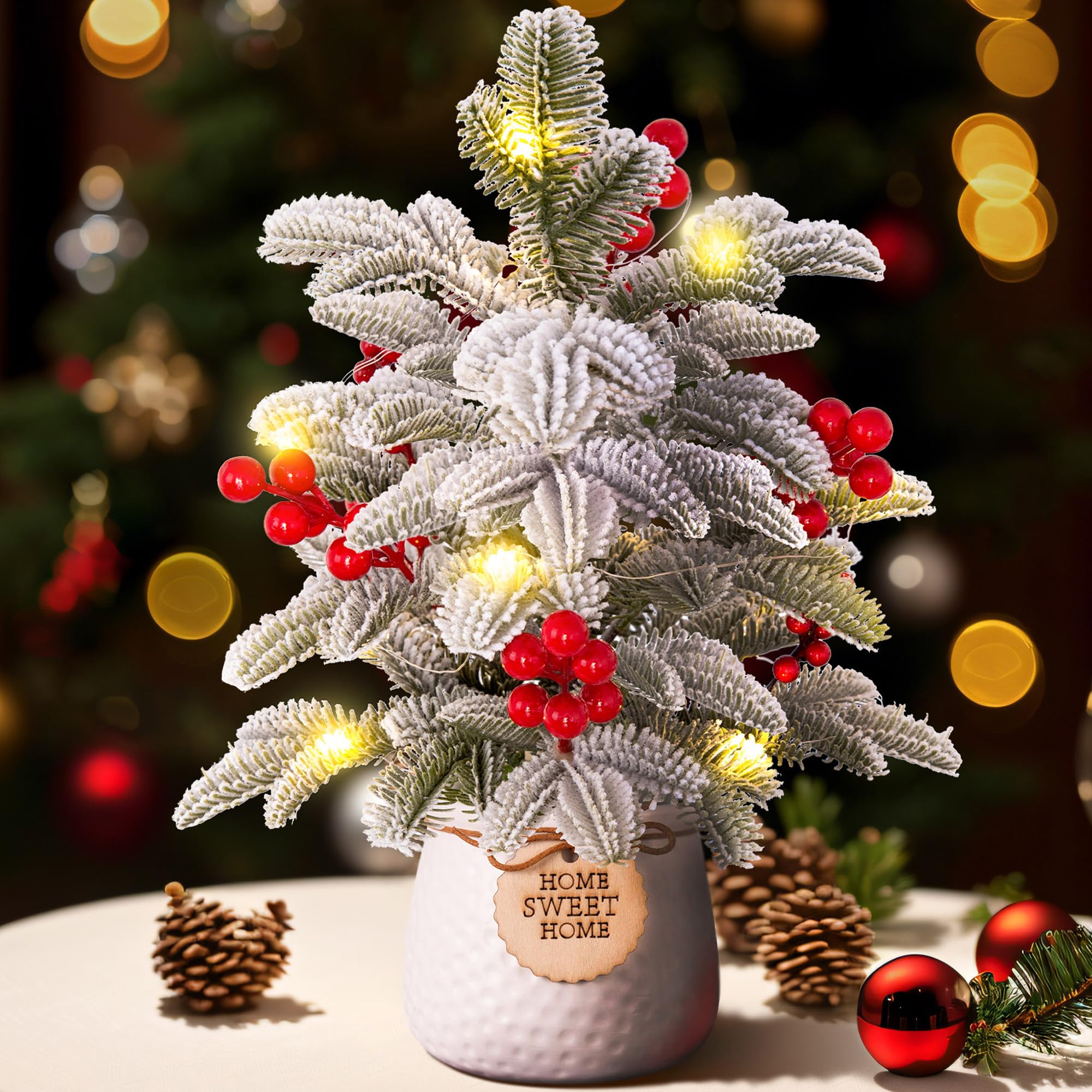 Photo 1 of Small Christmas Tree Artificial Mini Tabletop Christmas Tree for Xmas Decor, Pine Greenery with Snow Red Berry Holiday Ornaments Indoor, for Friends Family