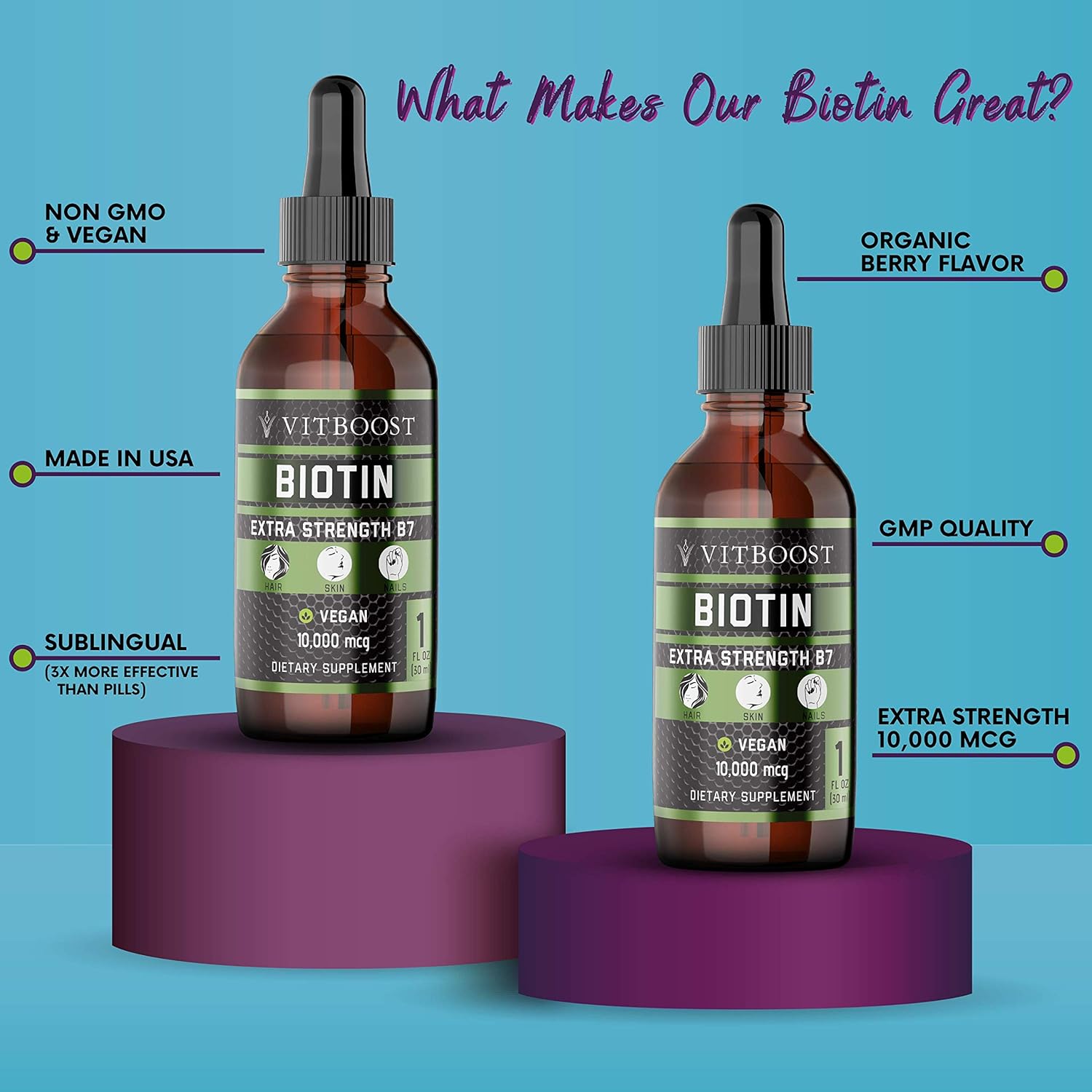 Extra Strength 10,000mcg Biotin Liquid Drops with Organic Berry Flavor | 60 Servings | Vegan Formula Supports Hair Growth, Strong Nails, Healthy Skin | NO Artificial Preservatives: Health & Personal Care