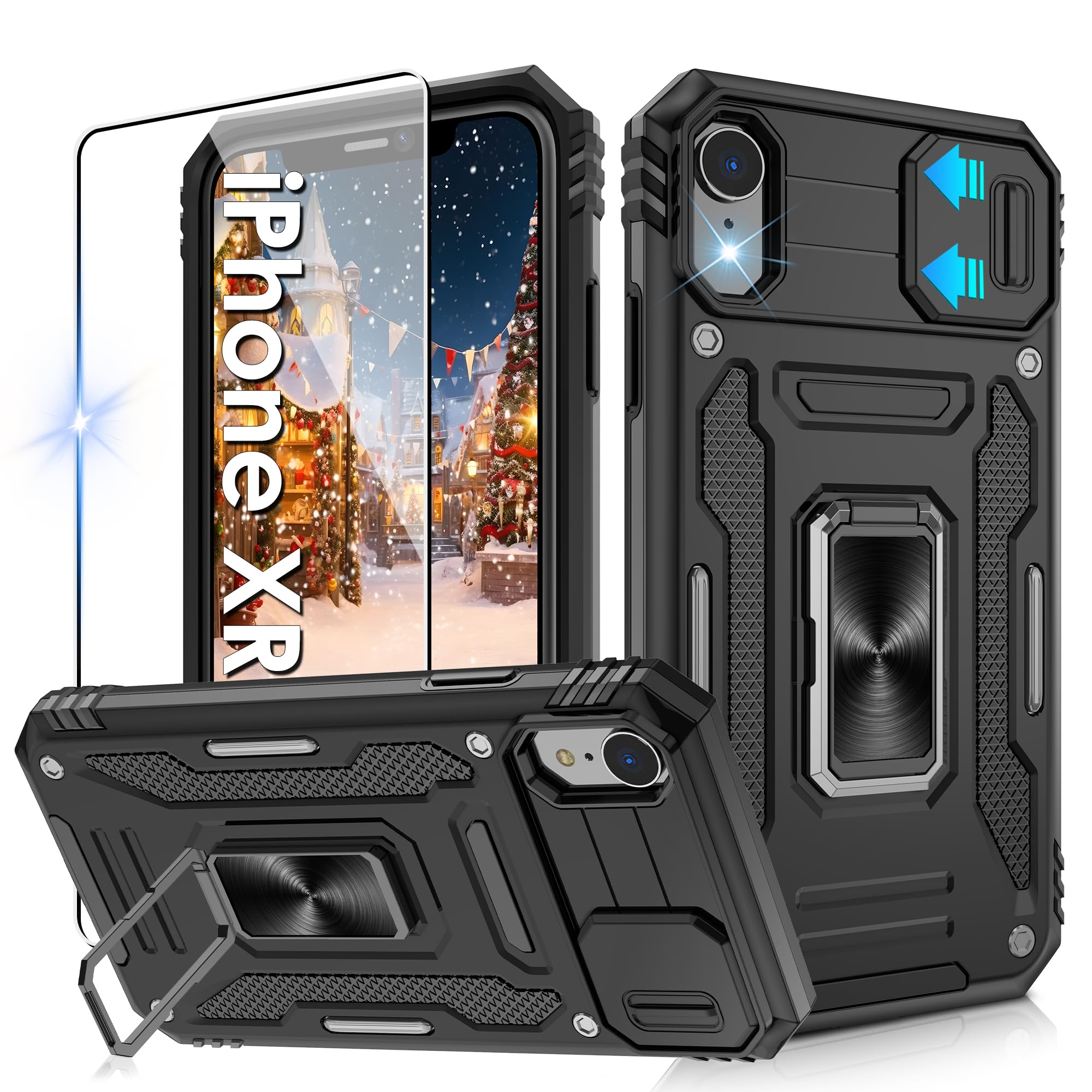 Jshru for iPhone XR Phone Cases with Screen Protector,Slide Camera Cover,Ring Kickstand, Anti-Scratch Armour Phone Cover for iPhone XR,Black โ image 1