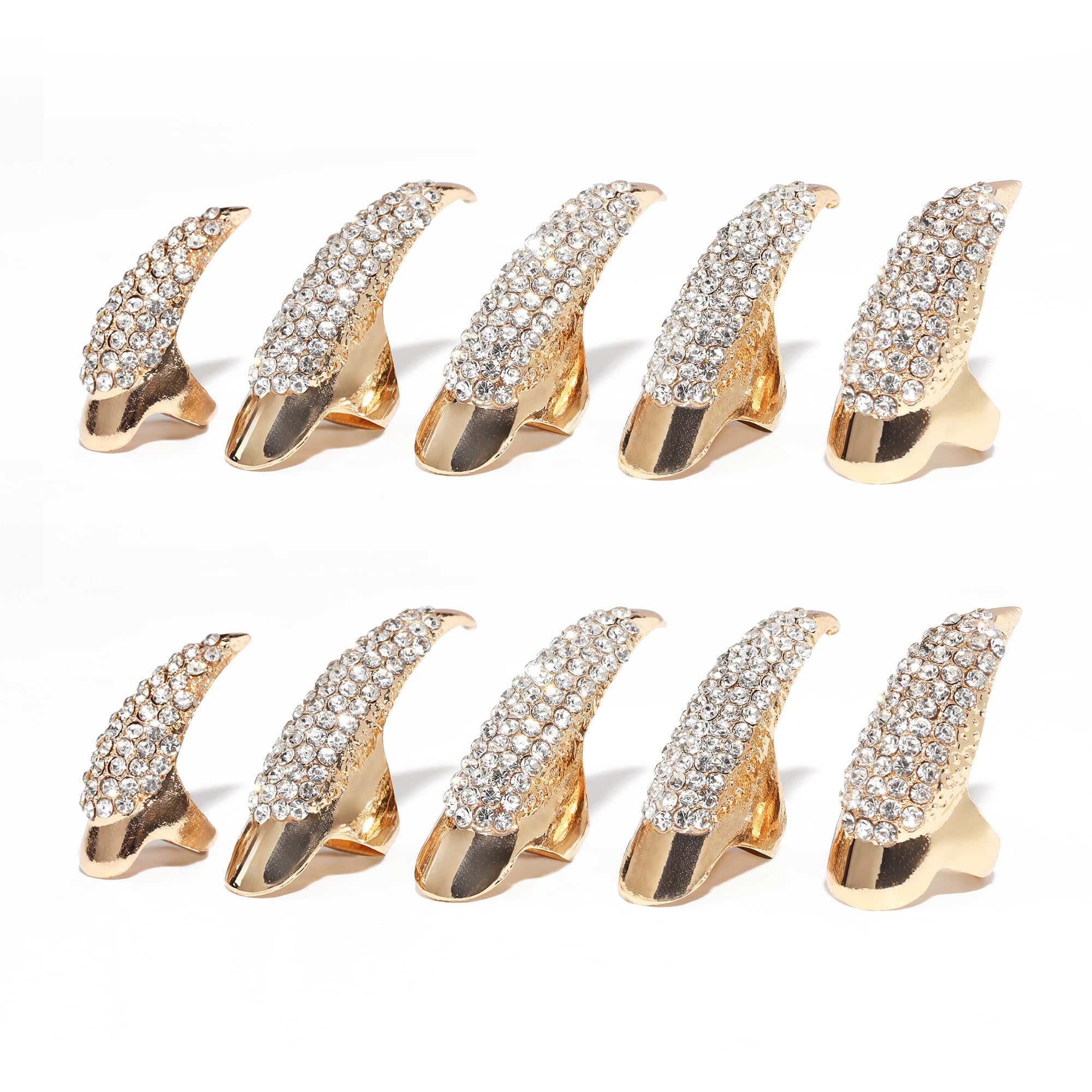 Photo 1 of 10 Pcs Halloween Costume Claws Fake Nails Ring Set, Gothic Punk Crystal Full Finger Rings 3 Sizes Retro Metal Paved Paw Bend Fingertip Claw Rings for women Men Nail Art Holiday Party (Golden)