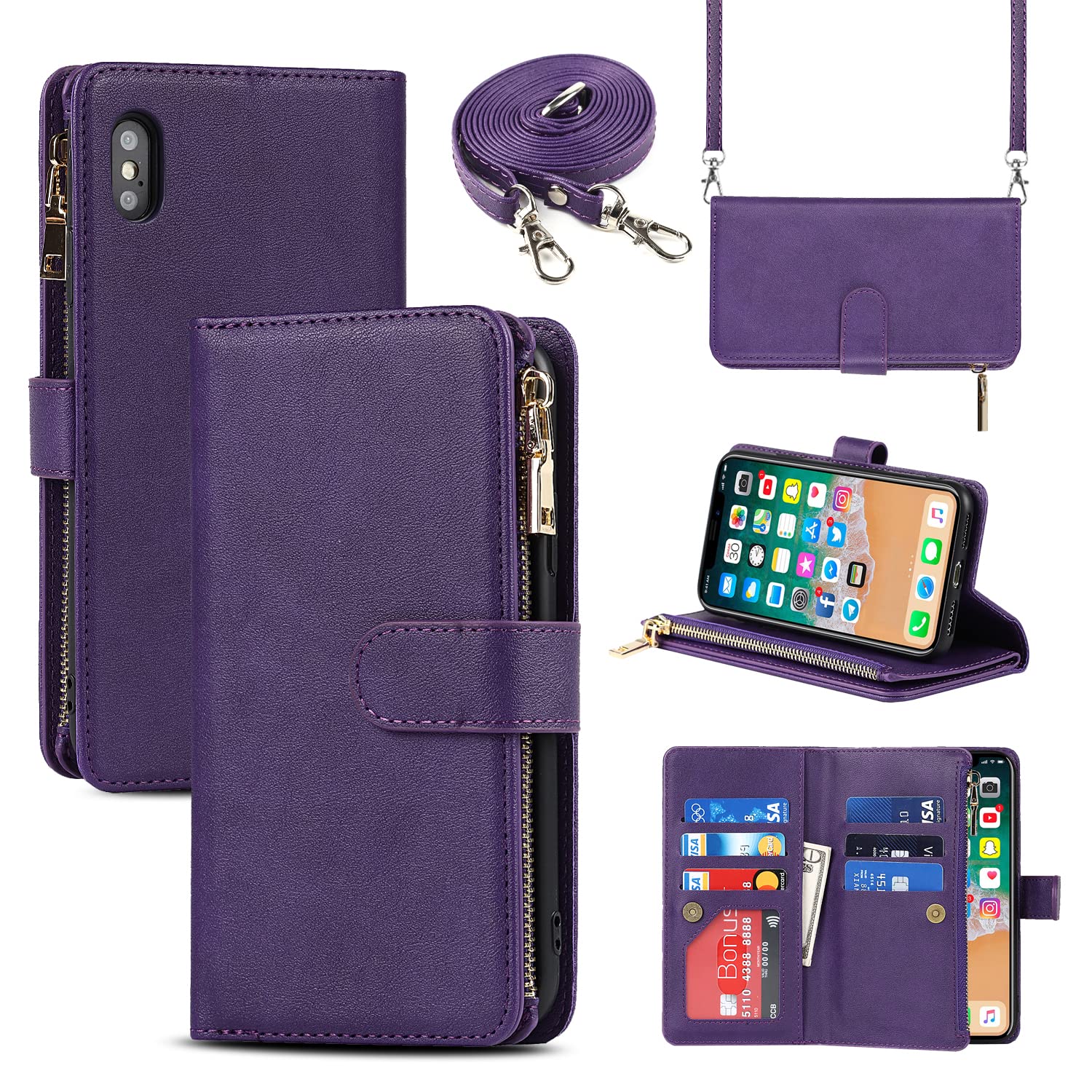 Cavor Crossbody iPhone XS Max Case With Card Holder With Strap,Flip Leather Wallet Case,[9 Card Holder] Zipper Detachable Lanyard Phone Case Cover for Women for iPhone XS Max - Purple