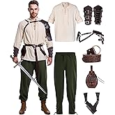 8 Pcs Men's Renaissance Costume Halloween Medieval Pirate Shirt Pant Viking Costume Accessories Set