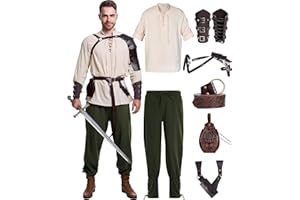 VANDERDYKEN 8 Pcs Men's Renaissance Costume Halloween Medieval Pirate Shirt Pant Viking Costume Accessories Set