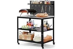 FENCY Outdoor Grill Cart with Wheels, Movable Pizza Oven Cart with Pegboard, 304 Stainless Steel Grill Cart BBQ Cart, Grill Cart with 3 Shelves, 31.5" L x 21.7" W x 57.5" H