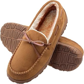 VLLyMens Moccasin Slippers with Memory Foam Arch Support, Non Slip Rubber Sole House Shoes for Men Machine Washable Warm Fleece Lined Indoor Outdoor Home Shoes