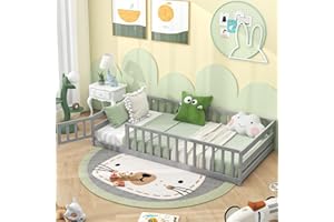 Giantex Twin Floor Bed with Door & Fence, Kids Wood Montessori Beds with Safety Guardrails, Floor Bed Frame for Kids, Boys, Girls, No Box Spring Needed, Floor Bed Twin (Grey)
