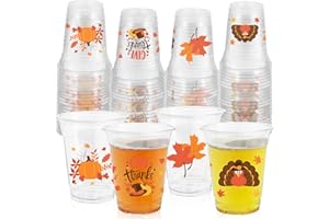 ABURRORI 50 Pcs 12OZ Thanksgiving Plastic Cups, Fall Party Cups Decorations Autumn Maple Leaf Pumpkin Turkey Cup Juice Soda Beverage Party Favors for Thanksgiving Themed Supplies