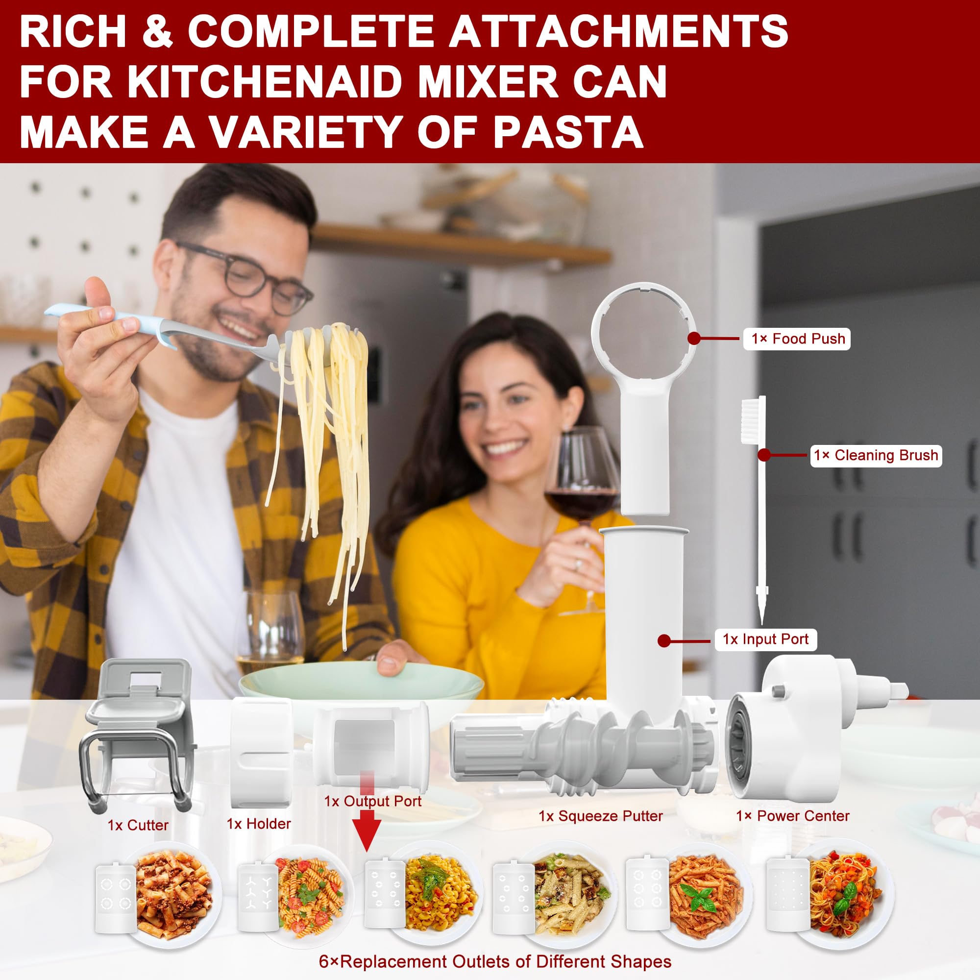 6 in 1 Pasta Attachment for Kitchenaid Stand Mixer, Durable Pasta Maker Attachment for Easy Homemade Fresh Noodles with 6 Different Shapes Pasta Outlet & Cleaning Brush, Dishwasher Safe